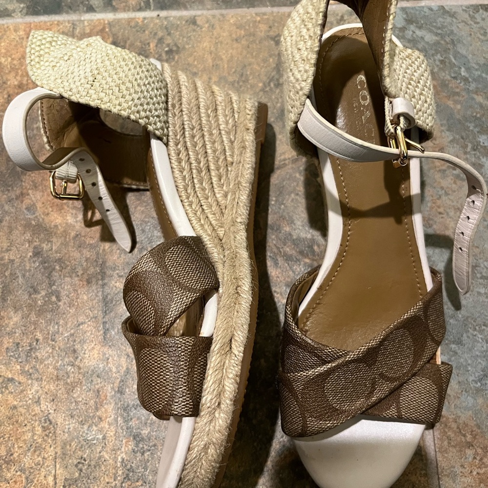 Coach Brown Canvas and Cream Leather Wedge Sandals - Picture 2 of 5